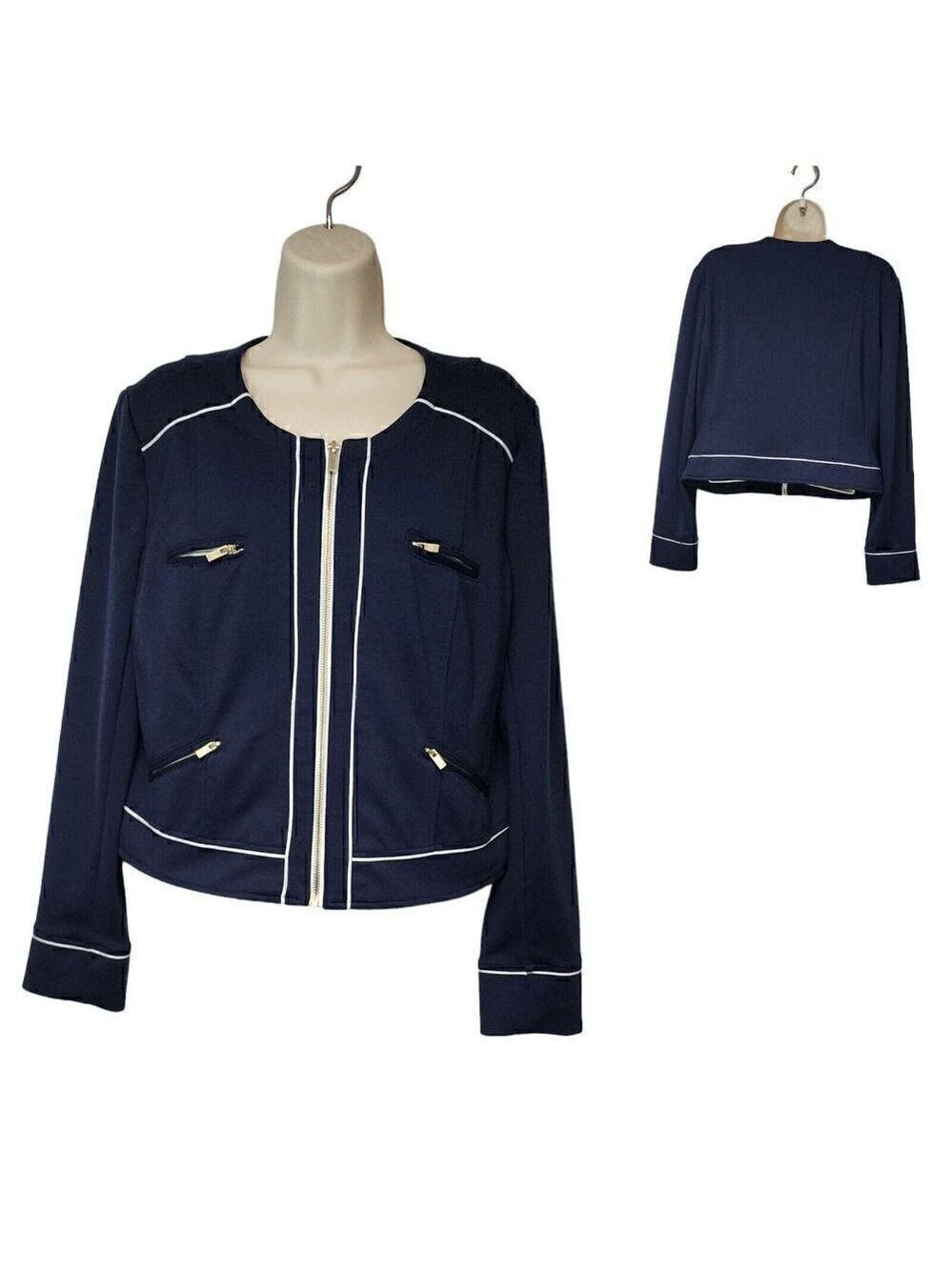 Katherine New York Round Neck Navy Blue White Striped Full Zip Jacket Blazer 12